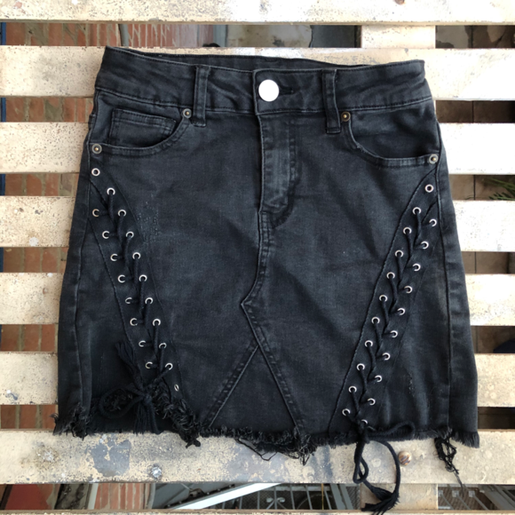 Forever 21 Dresses & Skirts - Lace Up Tie Stretch Black Denim Jean Mini Skirt S Forever 21
